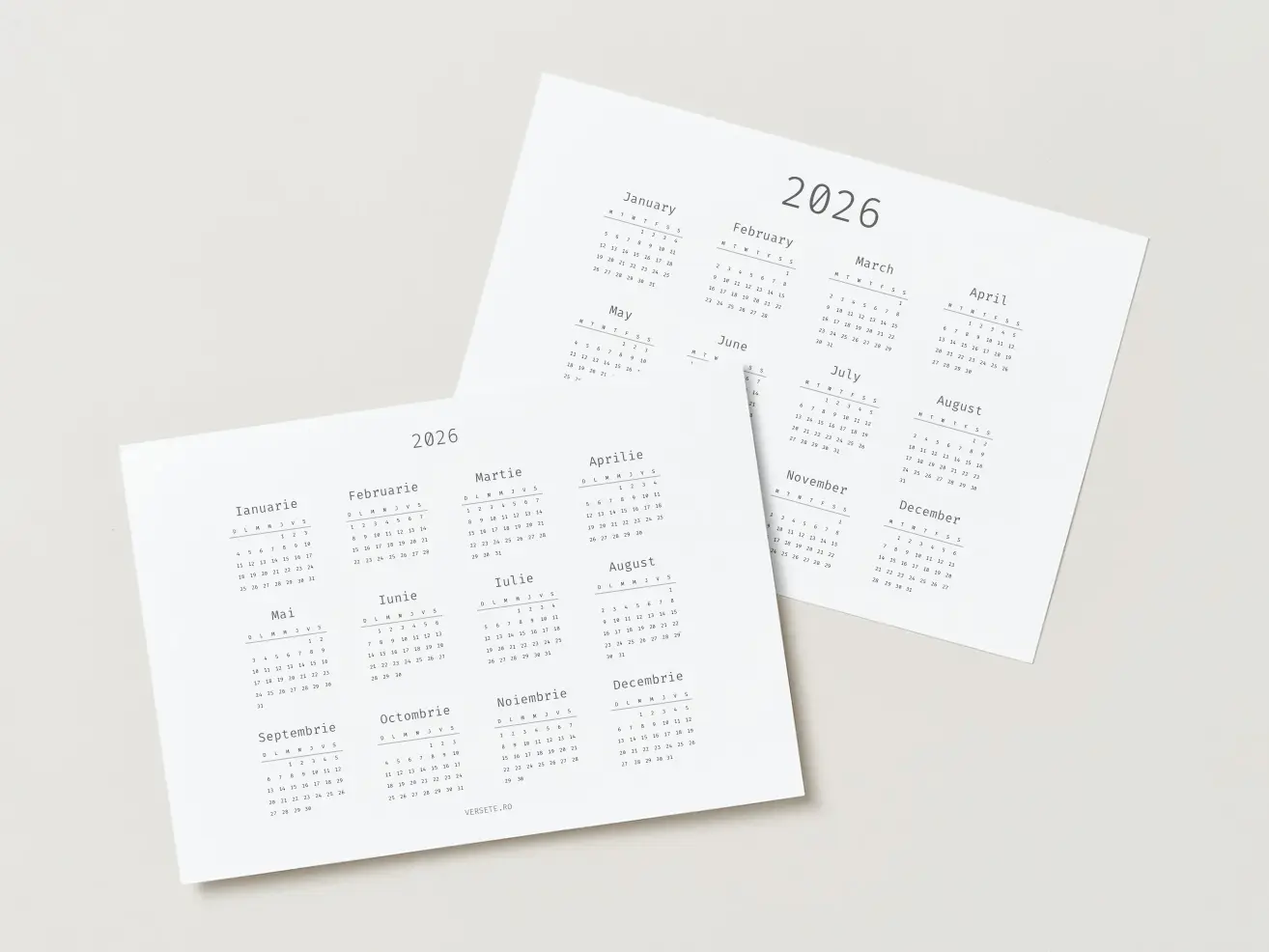 calendar simplu 2026 orizontal